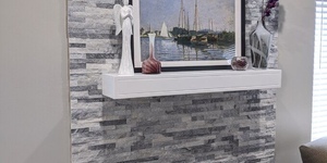 Камень для облицовки печей и каминов в виде 3D панели RKS SLATE Мрамор Cloudy Grey купить, фото после монтажа (3)