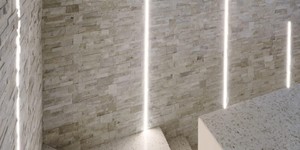 Каменная стена у лестницы заказать 3D панели RKS SLATE Кварцит Beige Slate (8)